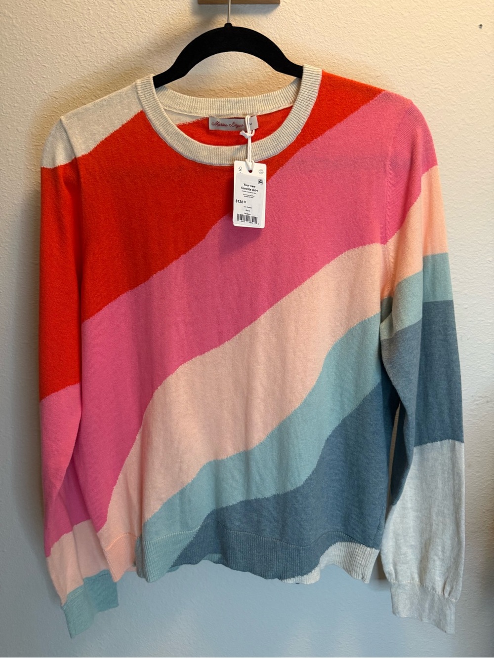 New Marine Layer Colorblock Wave Crewneck Light Sweater Red, Pink, Cream, Blue